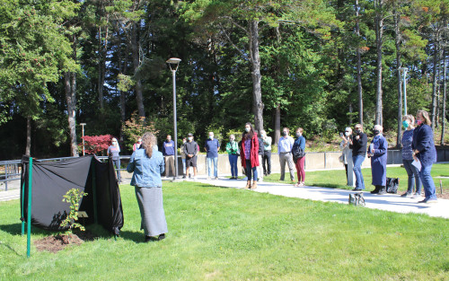 Woman standing next to shrouded Ginkgo sapling addressing a group students, community, and faculty members